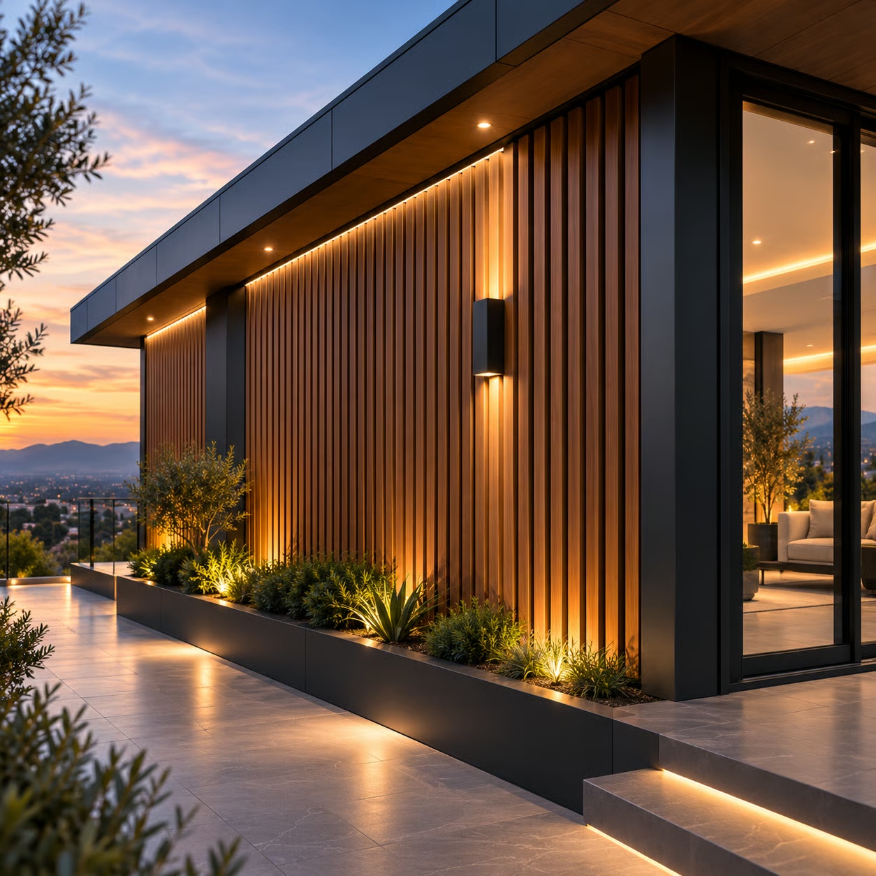 Architectural exterior showing vertical aluminum profiles, screens and frames